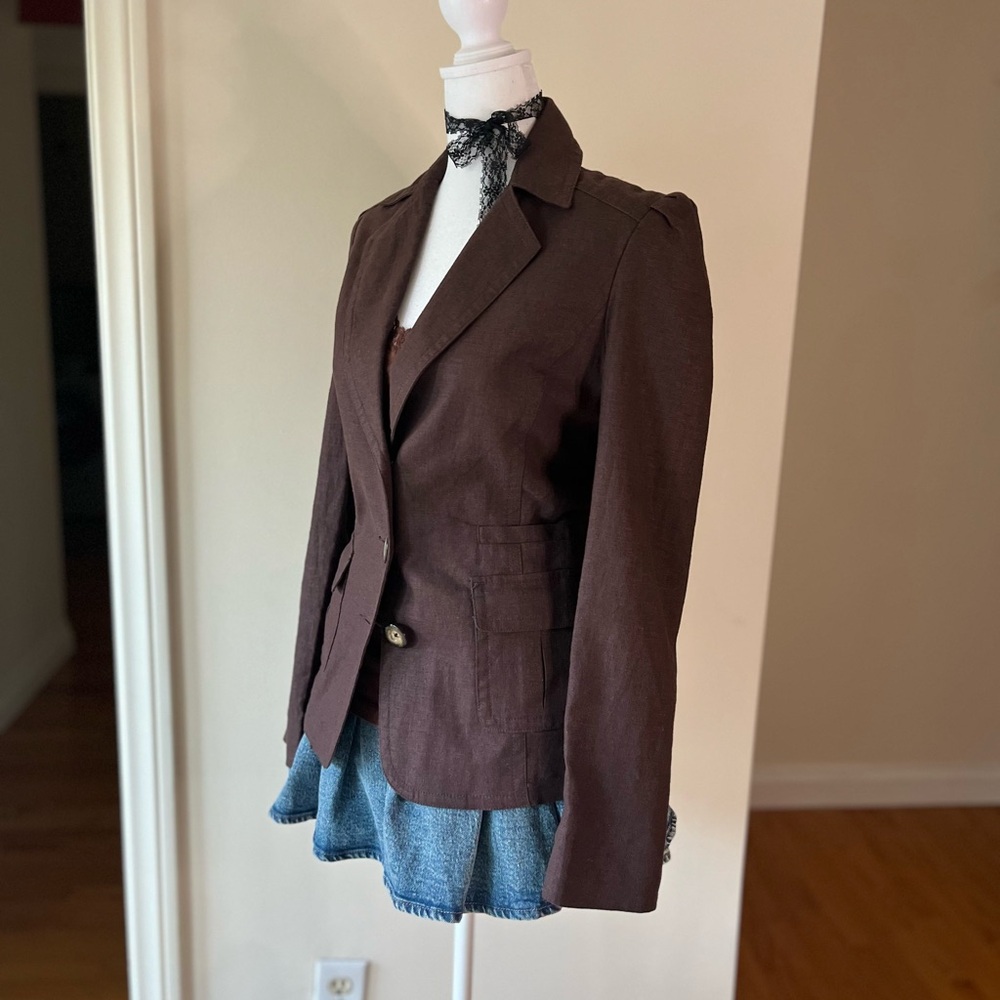 Vintage 2000s Designer Max Azria Euro Minimalist Brown Linen Blazer Jacket S - Picture 5 of 11